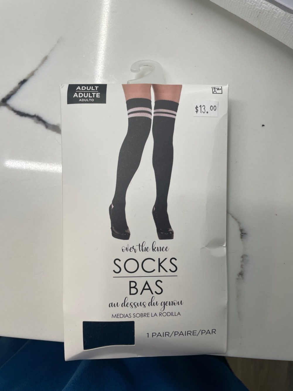 Adult Over-the-Knee Black Socks with Pink Stripes